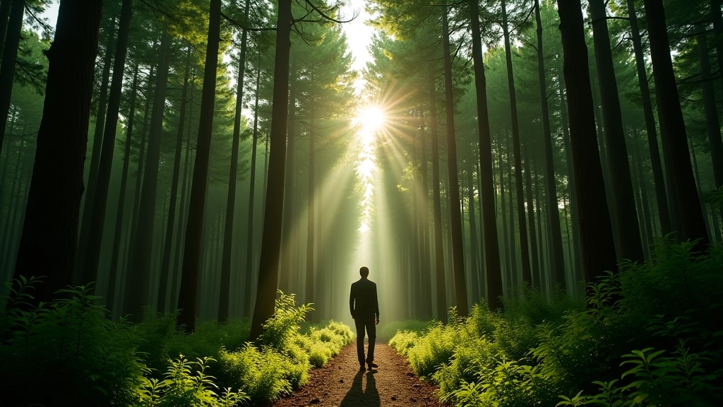 Paesaggio naturale che rappresenta la crescita, alberi che crescono verso la luce, simbolo di trasformazione e progresso