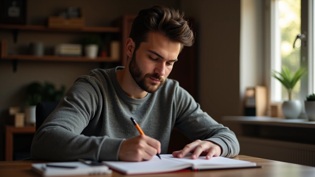 Uomo che scrive obiettivi in un taccuino in un ambiente tranquillo