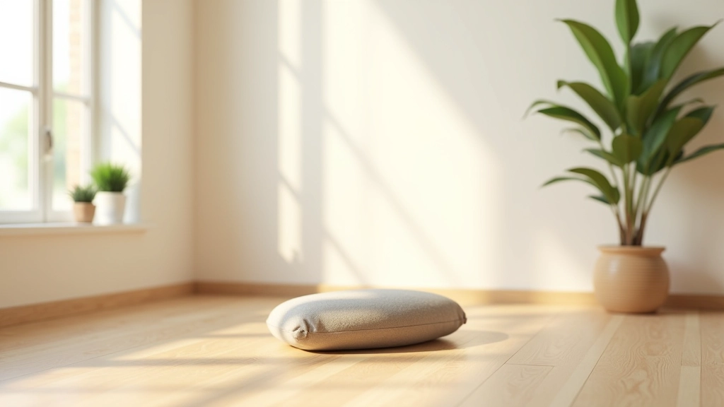 Ambiente meditativo minimalista con cuscino, pianta verde e luce naturale dalla finestra