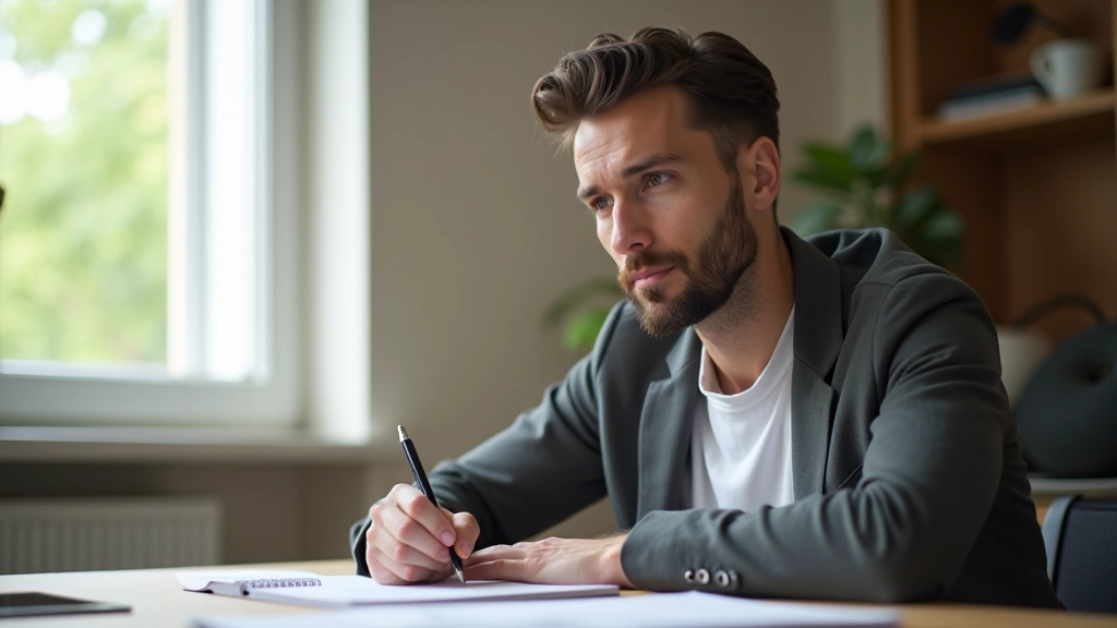 Persona che scrive nel suo diario in uno spazio tranquillo e luminoso, momento di riflessione personale