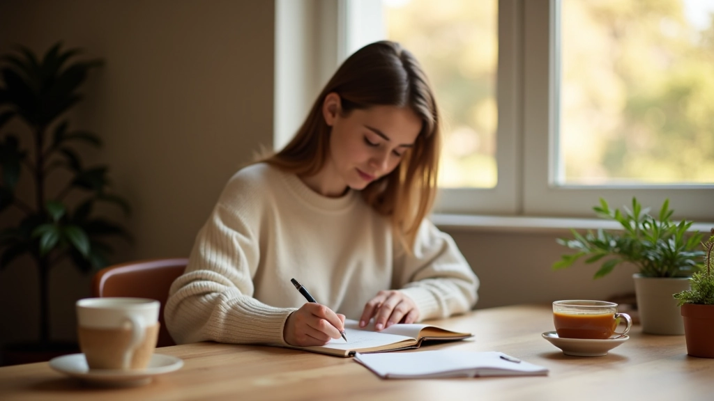 Persona seduta al tavolo che scrive in un quaderno con una tazza di tè